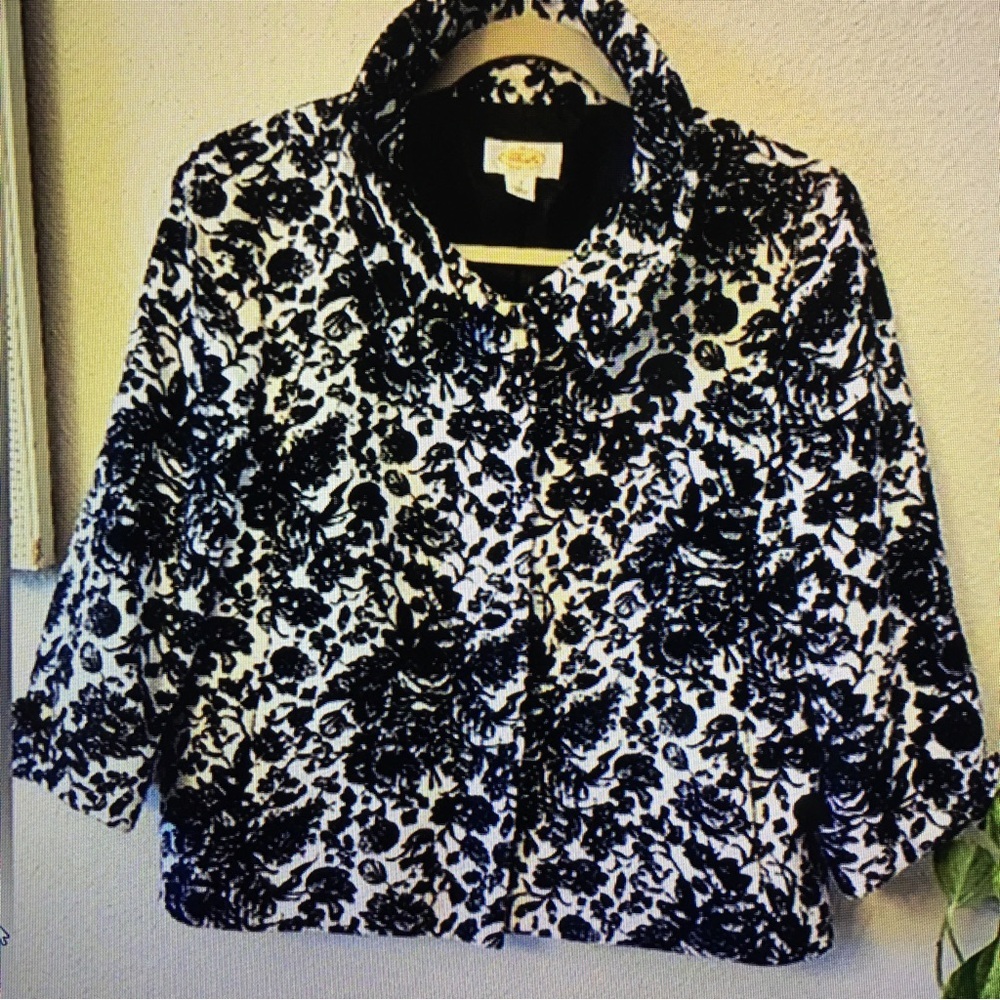 Talbots Gorgeous Navy Blue & White Floral Print Blazer Jacket size 12